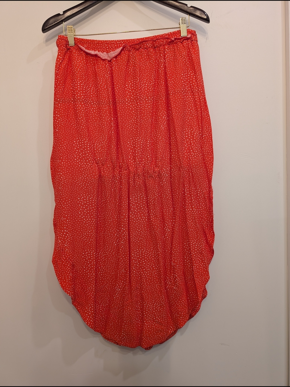 Women's Red High-Low Dot Midi Skirt with Elastic Waist